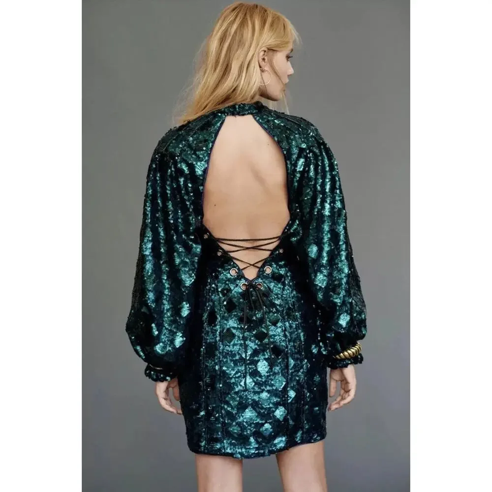 NWOT Free People Chante's Holiday Sequin Embellished Cut Out Mini Dress Forest 2